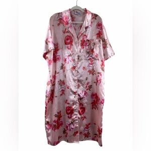 Vintage‎ Pink Floral Satin Kimono Robe Nightshirt Pajama One Size